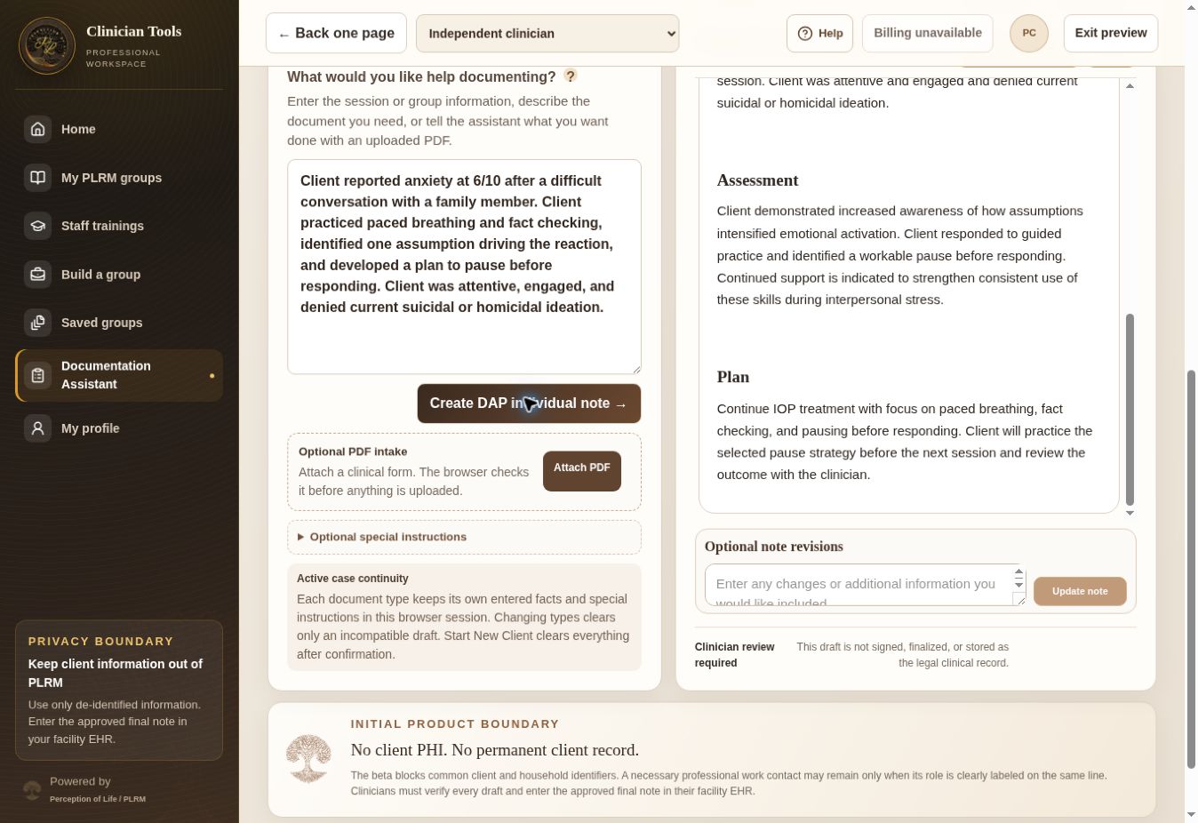 Actual PLRM Documentation Assistant draft screen using fictional information